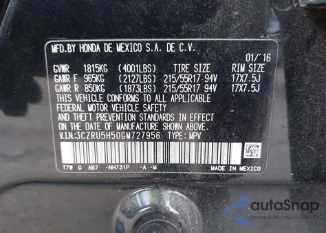 2016 Honda Hr-V Ex from USA, damaged, VIN 3CZRU5H50GM727956